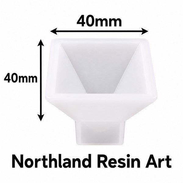 White resin funnel-shaped art piece with black dimension arrows and text indicating 40mm width and height, plus the brand name Northland Resin Art at the bottom.
