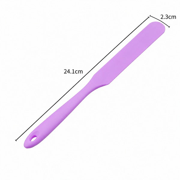 A purple silicone spatula shown diagonally on a white background with black dimension lines indicating a length of 24.1cm and a width of 2.