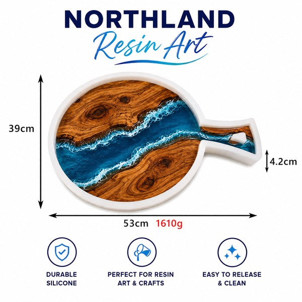 Northland Resin Art wooden serving board with a handle, featuring a blue river and wood grain design, with dimension measurements of 53cm by 39cm and a handle height of 4.2cm on a white background.