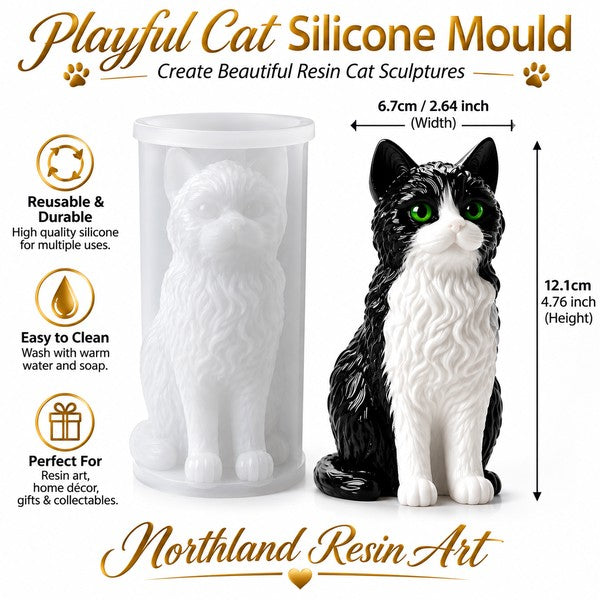 Black and white resin cat with green eyes made using Playful Cat Silicone Mould