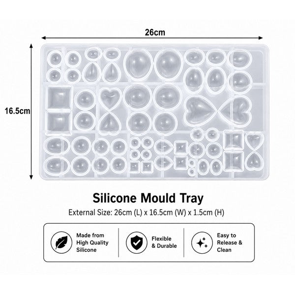 A silicone mould tray with various bubble, oval, and heart-shaped cavities, shown with dimension markings of 26cm by 16.5cm on a white background, with additional text and feature icons below.