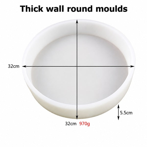 A white round thick-walled mold shown on a white background with measurement arrows and text indicating dimensions: 32 cm across the top and 32 cm across the bottom, plus a height of 5.5 cm and weight of 970 g.